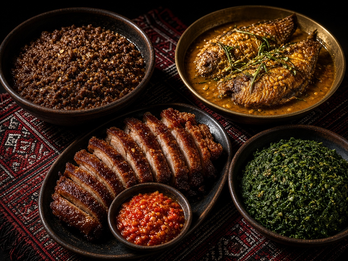 Saksang, babi panggang, arsik ikan mas, dan daun ubi tumbuk di atas kain ulos